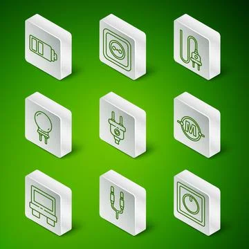 Set line Electric light switch, Audio jack, Battery charge level indicator, p Ilustración de archivo