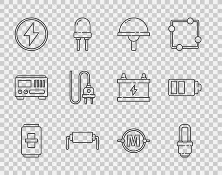 Set line Electric light switch, LED bulb, Light emitting diode, Resistor Stock Illustration