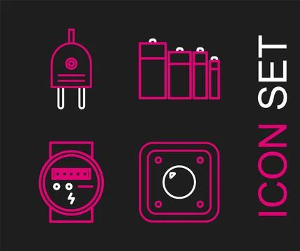 Set line Electric light switch, meter, Battery and plug icon. Vector 스톡 일러스트