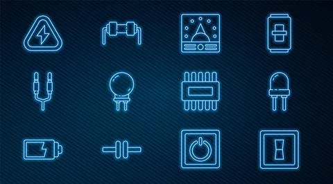 Set line Electric light switch, Light emitting diode, Ampere meter, multime.. Illustrazione stock