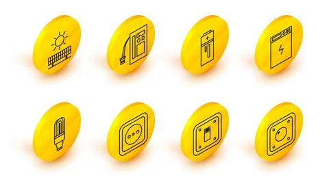 Set line Electric light switch, Electrical outlet, LED bulb, Power bank, Ba.. Illustration