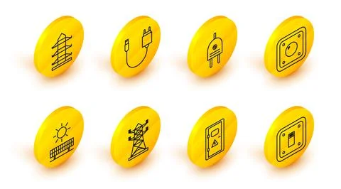 Set line Electric light switch, Electrical cabinet, High voltage power pole.. Ilustração Stock