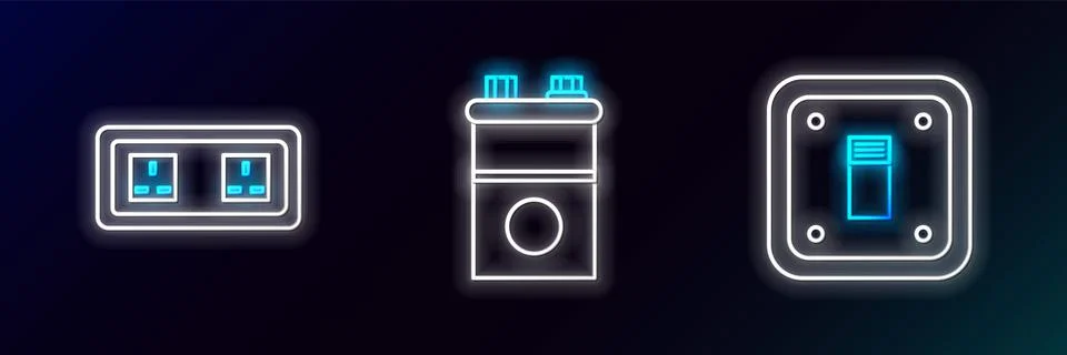 Set line Electric light switch, Electrical outlet and Car battery icon. Glo.. Stock Illustration