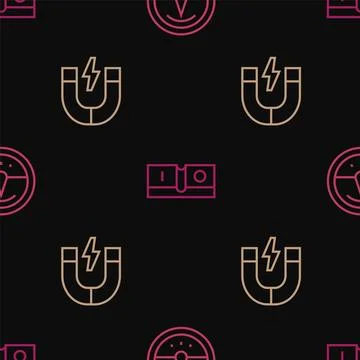 Set line Electric meter, Magnet and light switch on seamless pattern. Vector Stock Illustration