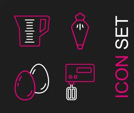 Set line Electric mixer, Easter eggs, Pastry bag and Measuring cup icon. Vect Illustrazione stock