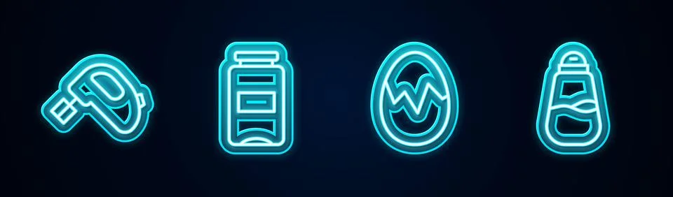 Set line Electric mixer, Jam jar, Broken egg and Salt. Glowing neon icon. Vector Stock Illustration
