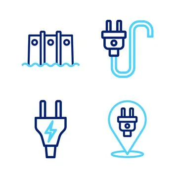 Set line Electric plug,  and Hydroelectric dam icon. Vector Illustrazione stock