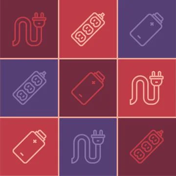 Set line Electric plug, Battery charge and extension icon. Vector Stock Illustration