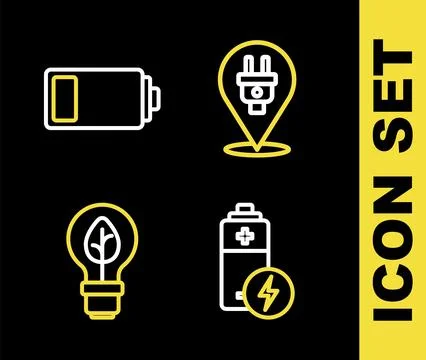 Set line Electric plug, Battery, Light bulb with leaf and icon. Vector Stock Illustration
