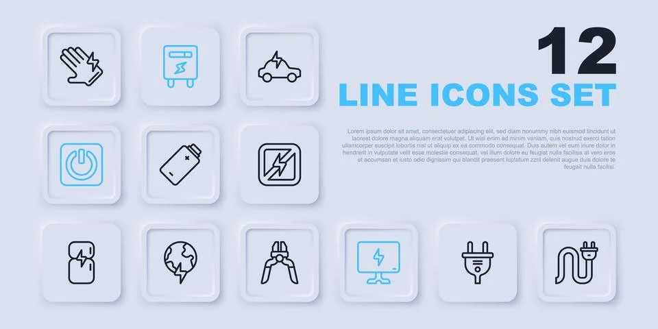 Set line Electric plug, Battery charge, Smart Tv, Power button, Global plan.. Stock Illustration