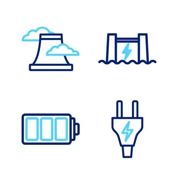 Set line Electric plug, Battery, Hydroelectric dam and Nuclear power plant .. Stock Illustration