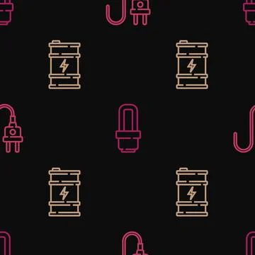 Set line Electric plug, Bio fuel barrel and LED light bulb on seamless pattern 스톡 일러스트