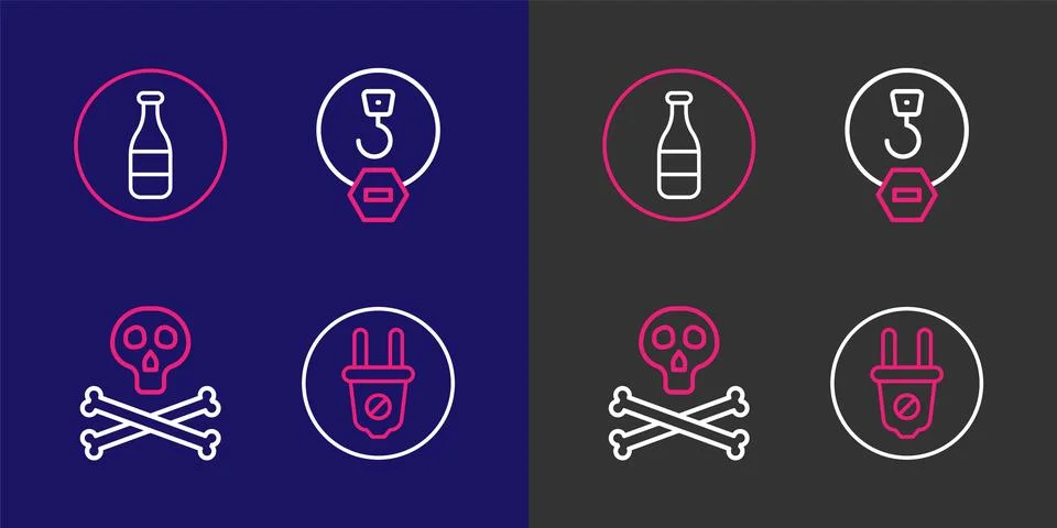 Set line Electric plug, Bones and skull warning, Industrial hook and Bottle.. 스톡 일러스트