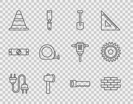 Set line Electric plug, Bricks, Shovel, Wooden axe, Traffic cone, Roulette .. Stock Illustration