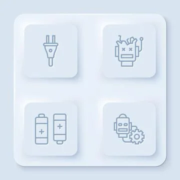 Set line Electric plug, Broken robot, Battery and Robot setting. White square Illustrazione stock