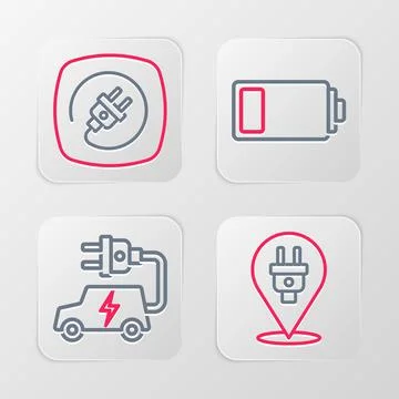 Set line Electric plug, car, Battery and icon. Vector Illustrazione stock