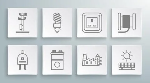Set line Electric plug, Car battery, Power station plant and factory, Solar.. Stock Illustration