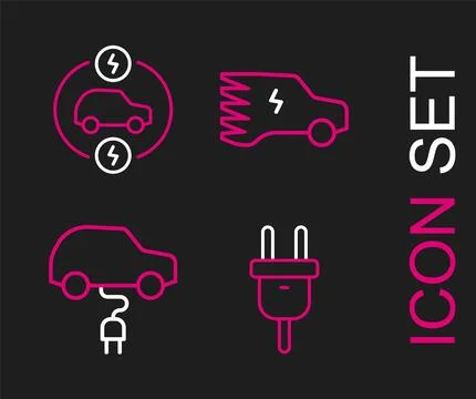 Set line Electric plug, car,  and  icon. Vector Stock Illustration
