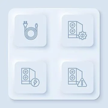 Set line Electric plug, Case of computer, and . White square button. Vector Stock Illustration