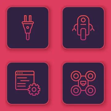 Set line Electric plug, Computer api interface, Robot and Drone. Blue square イラスト素材