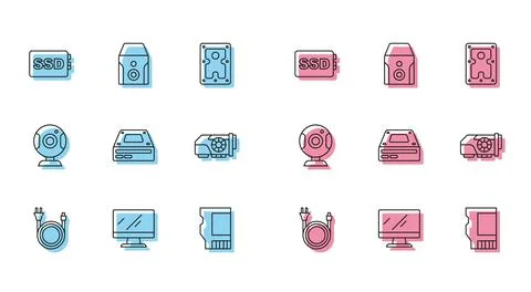 Set line Electric plug, Computer monitor screen, SSD card, Optical disc drive Illustrazione stock