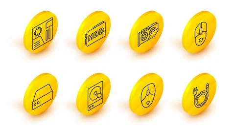 Set line Electric plug, Computer mouse, Hard disk drive HDD, Server, Data, .. Illustrazione stock