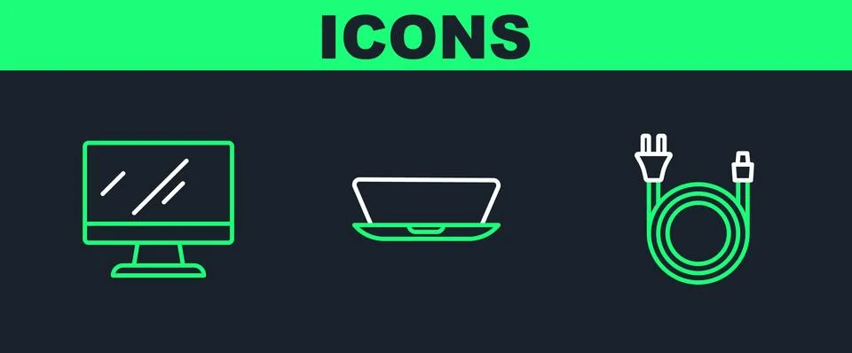 Set line Electric plug, Computer monitor screen and Laptop icon. Vector Stockillustratie