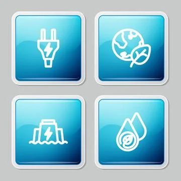 Set line Electric plug, Earth globe and leaf, Hydroelectric dam and Water e.. Illustrazione stock
