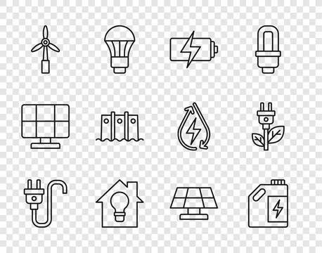 Set line Electric plug, Eco fuel canister, Battery, Smart house and light b.. Stock Illustration