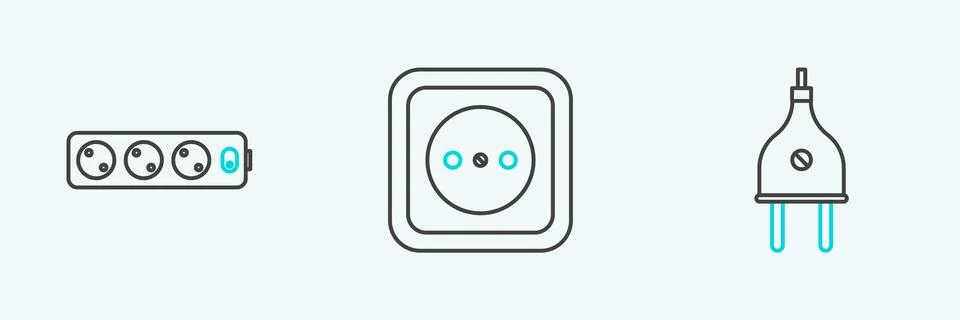 Set line Electric plug, extension cord and Electrical outlet icon. Vector Stock Illustration