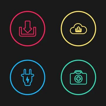 Set line Electric plug, First aid kit, Cloud upload and Download icon. Vector Illustrazione stock