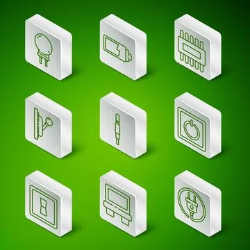Set line Electric plug, Fuse, Light emitting diode, Audio jack, Electrical .. Stock Illustration