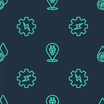 Set line Electric plug, Gear and lightning and Water energy on seamless pattern 스톡 일러스트