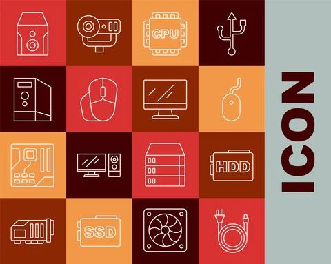 Set line Electric plug, Hard disk drive HDD, Computer mouse, Processor with CPU 스톡 일러스트