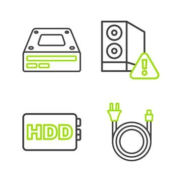 Set line Electric plug, Hard disk drive HDD, Case of computer and Optical dis Stock Illustration