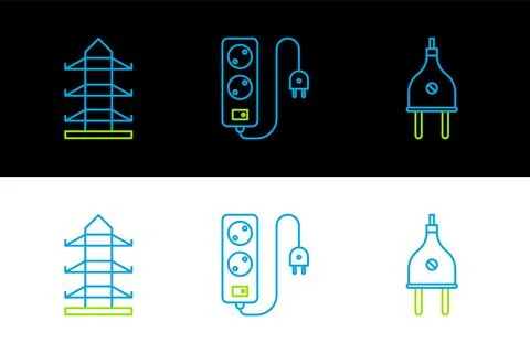 Set line Electric plug, High voltage power pole line and extension cord ico.. Stock Illustration