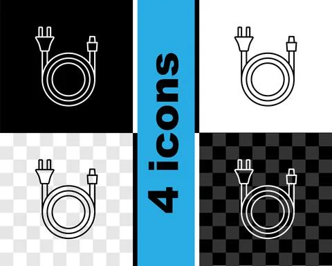 Set line Electric plug icon isolated on black and white, transparent background Stockillustratie