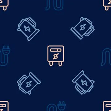 Set line Electric plug, kettle and meter on seamless pattern. Vector 스톡 일러스트