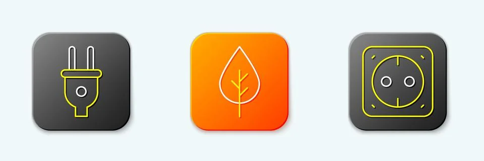 Set line Electric plug, Leaf Eco symbol and Electrical outlet icon. Vector Stock Illustration