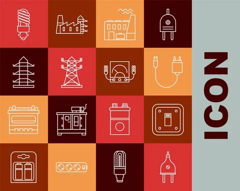 Set line Electric plug, light switch, Charger, Coal power plant and factory Ilustração Stock