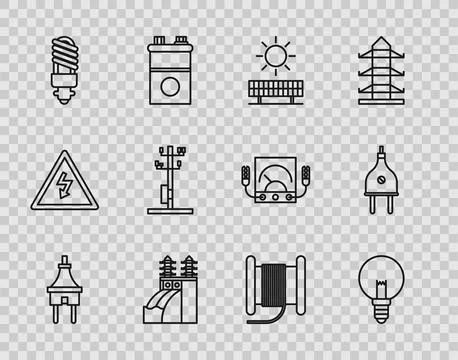 Set line Electric plug, Light bulb, Solar energy panel and sun, Nuclear power Ilustração Stock