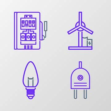 Set line Electric plug, Light bulb, Wind turbine and Electrical panel icon... Stock Illustration