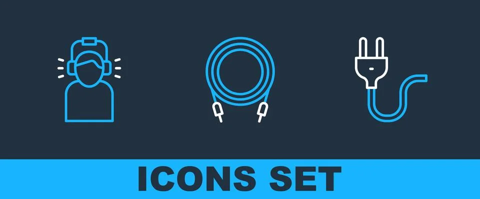 Set line Electric plug, Man in headphones and Audio jack icon. Vector Stock Illustration