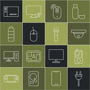 Set line Electric plug, Music player, Motion sensor, Wireless computer mouse 库存插图