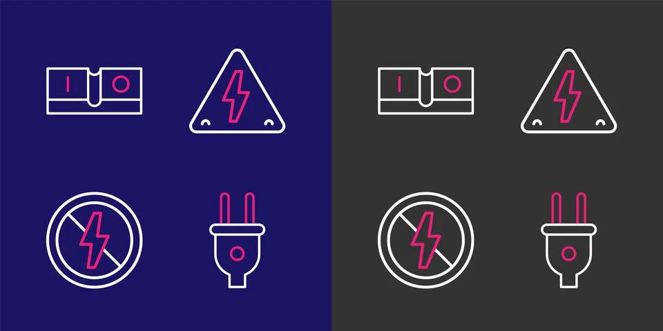 Set line Electric plug, No lightning, High voltage and switch icon. Vector Stock Illustration