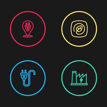 Set line Electric plug, Nuclear power plant, Location with leaf and icon. Vector Stock Illustration