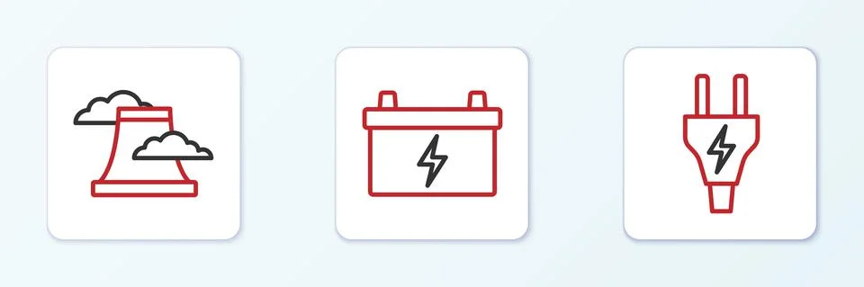 Set line Electric plug, Nuclear power plant and Car battery icon. Vector 스톡 일러스트