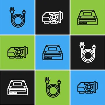 Set line Electric plug, Optical disc drive and Video graphic card icon. Vector イラスト素材