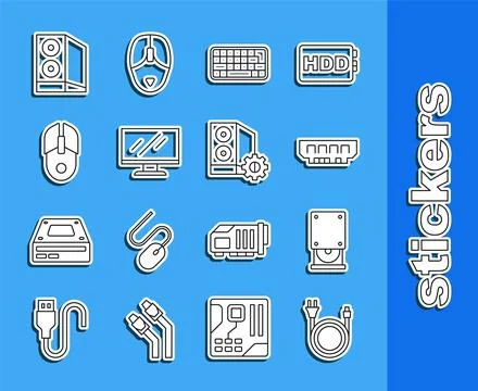 Set line Electric plug, Optical disc drive, RAM, random access memory, Keyboard Stock Illustration