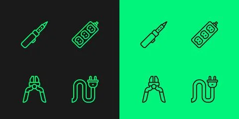 Set line Electric plug, Pliers tool, Soldering iron and extension icon. Vector イラスト素材